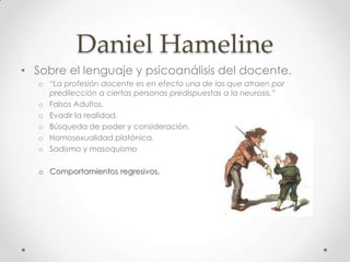 Daniel HamelineSobre el lenguaje y psicoanálisis del docente.“La profesión docente es en efecto una de las que atraen por predilección a ciertas personas predispuestas a la neurosis.”Falsos Adultos.Evadir la realidad.Búsqueda de poder y consideración.Homosexualidad platónica.Sadismo y masoquismoComportamientos regresivos.