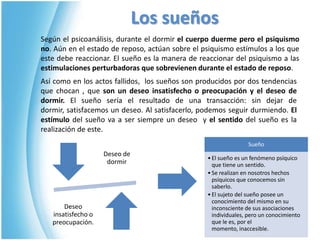Los sueñosSegún el psicoanálisis, durante el dormir el cuerpo duerme pero el psiquismo no. Aún en el estado de reposo, actúan sobre el psiquismo estímulos a los que este debe reaccionar. El sueño es la manera de reaccionar del psiquismo a las estimulaciones perturbadoras que sobrevienen durante el estado de reposo.Así como en los actos fallidos,  los sueños son producidos por dos tendencias que chocan , que son un deseo insatisfecho o preocupación y el deseo de dormir. El sueño sería el resultado de una transacción: sin dejar de dormir, satisfacemos un deseo. Al satisfacerlo, podemos seguir durmiendo. El estímulo del sueño va a ser siempre un deseo  y el sentido del sueño es la realización de este.