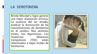 LA SEROTONINA
Brinda felicidad y logra generar
una mejor disposición anímica.
La ausencia del ser amado,
produce la disminución de las
concentraciones de Serotonina
en el cerebro. Nos sentimos
tristes, nos deprimimos. Los
Trastornos Obsesivos
Compulsivos (TOC) están
relacionados a bajos niveles de
Serotonina.
 