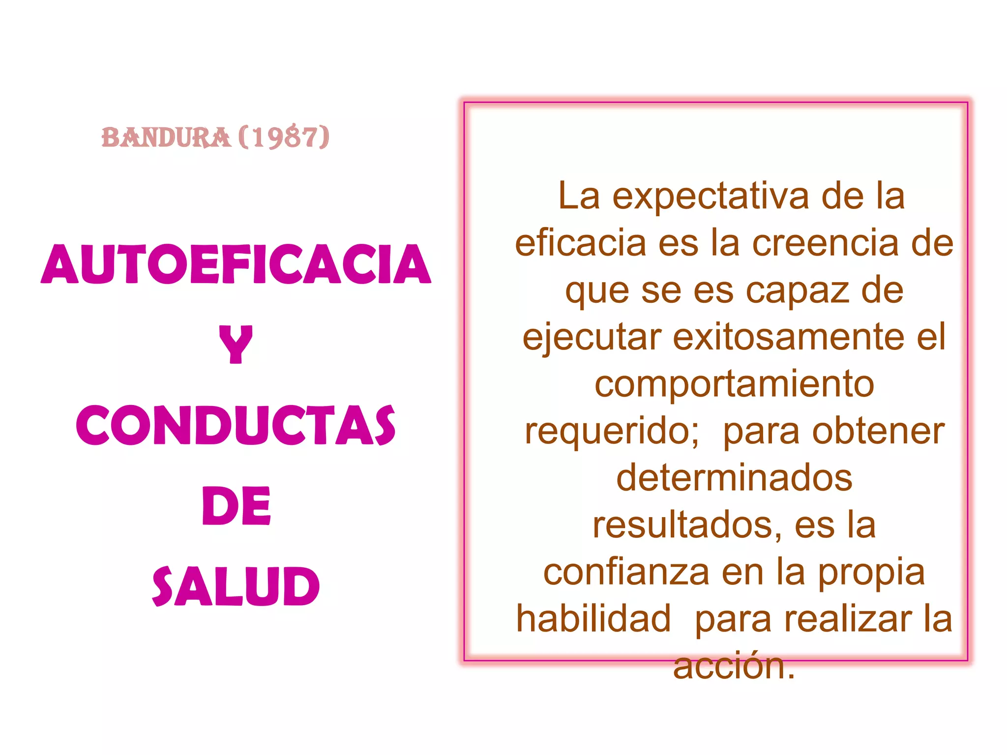 BANDURA (1987)   La expectativa de la eficacia es la creencia de que se es capaz de ejecutar exitosamente el comportamiento requerido;  para obtener determinados resultados, es la confianza en la propia habilidad  para realizar la acción. AUTOEFICACIAY CONDUCTAS DE SALUD
