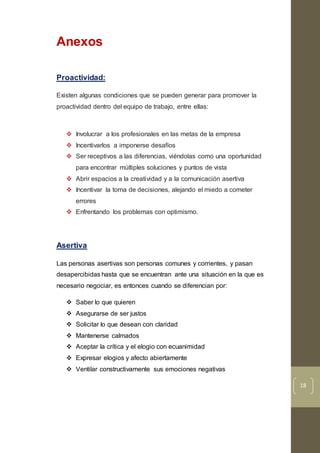 18
Anexos
Proactividad:
Existen algunas condiciones que se pueden generar para promover la
proactividad dentro del equipo de trabajo, entre ellas:
 Involucrar a los profesionales en las metas de la empresa
 Incentivarlos a imponerse desafíos
 Ser receptivos a las diferencias, viéndolas como una oportunidad
para encontrar múltiples soluciones y puntos de vista
 Abrir espacios a la creatividad y a la comunicación asertiva
 Incentivar la toma de decisiones, alejando el miedo a cometer
errores
 Enfrentando los problemas con optimismo.
Asertiva
Las personas asertivas son personas comunes y corrientes, y pasan
desapercibidas hasta que se encuentran ante una situación en la que es
necesario negociar, es entonces cuando se diferencian por:
 Saber lo que quieren
 Asegurarse de ser justos
 Solicitar lo que desean con claridad
 Mantenerse calmados
 Aceptar la crítica y el elogio con ecuanimidad
 Expresar elogios y afecto abiertamente
 Ventilar constructivamente sus emociones negativas
 