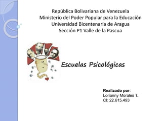 República Bolivariana de Venezuela
Ministerio del Poder Popular para la Educación
Universidad Bicentenaria de Aragua
Sección P1 Valle de la Pascua
Escuelas Psicológicas
Realizado por:
Lorianny Morales T.
CI: 22.615.493
 