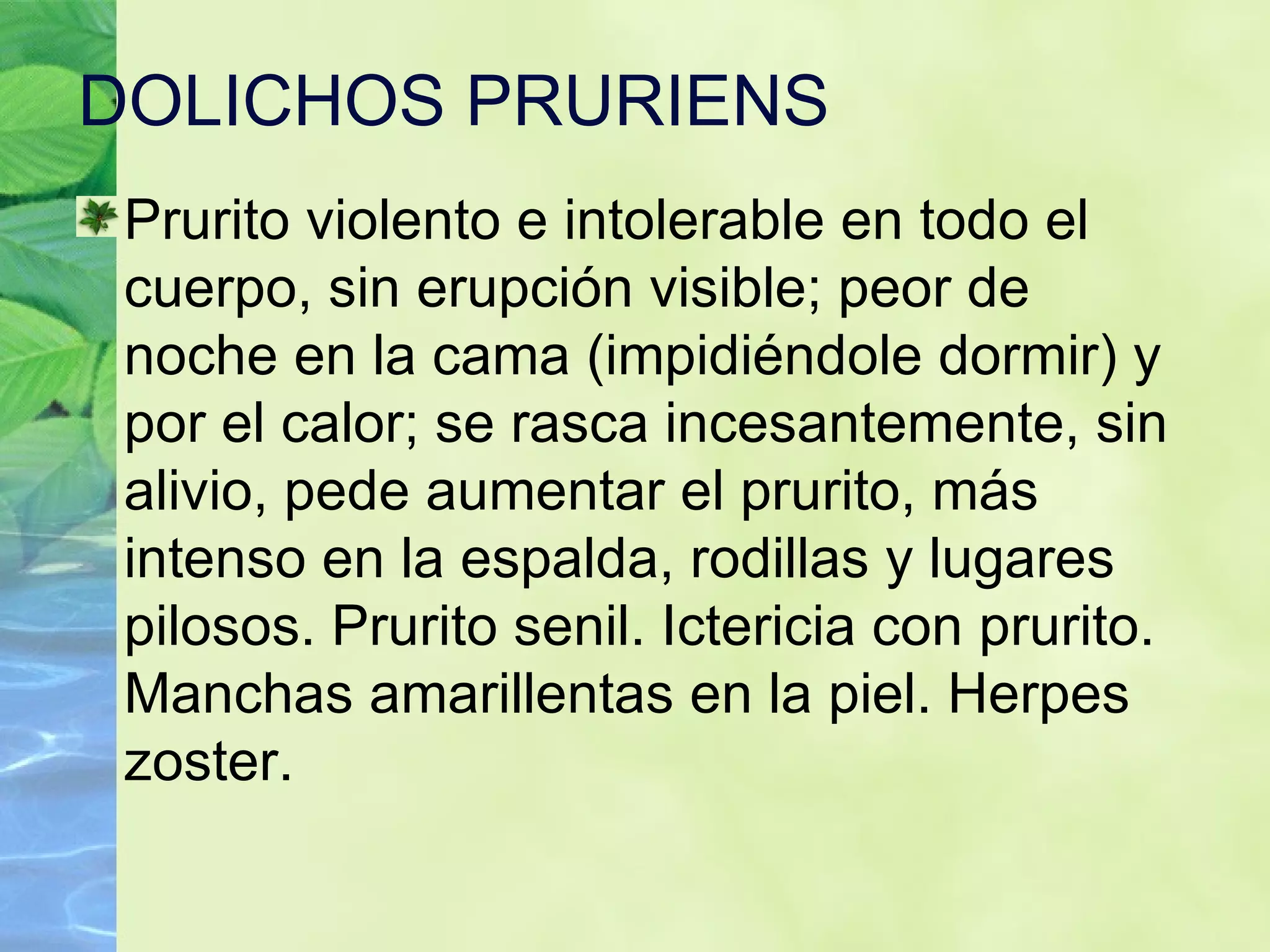DOLICHOS PRURIENS Prurito violento e intolerable en todo el cuerpo, sin erupción visible; peor de noche en la cama (impidiéndole dormir) y por el calor; se rasca incesantemente, sin alivio, pede aumentar el prurito, más intenso en la espalda, rodillas y lugares pilosos. Prurito senil. Ictericia con prurito. Manchas amarillentas en la piel. Herpes zoster. 