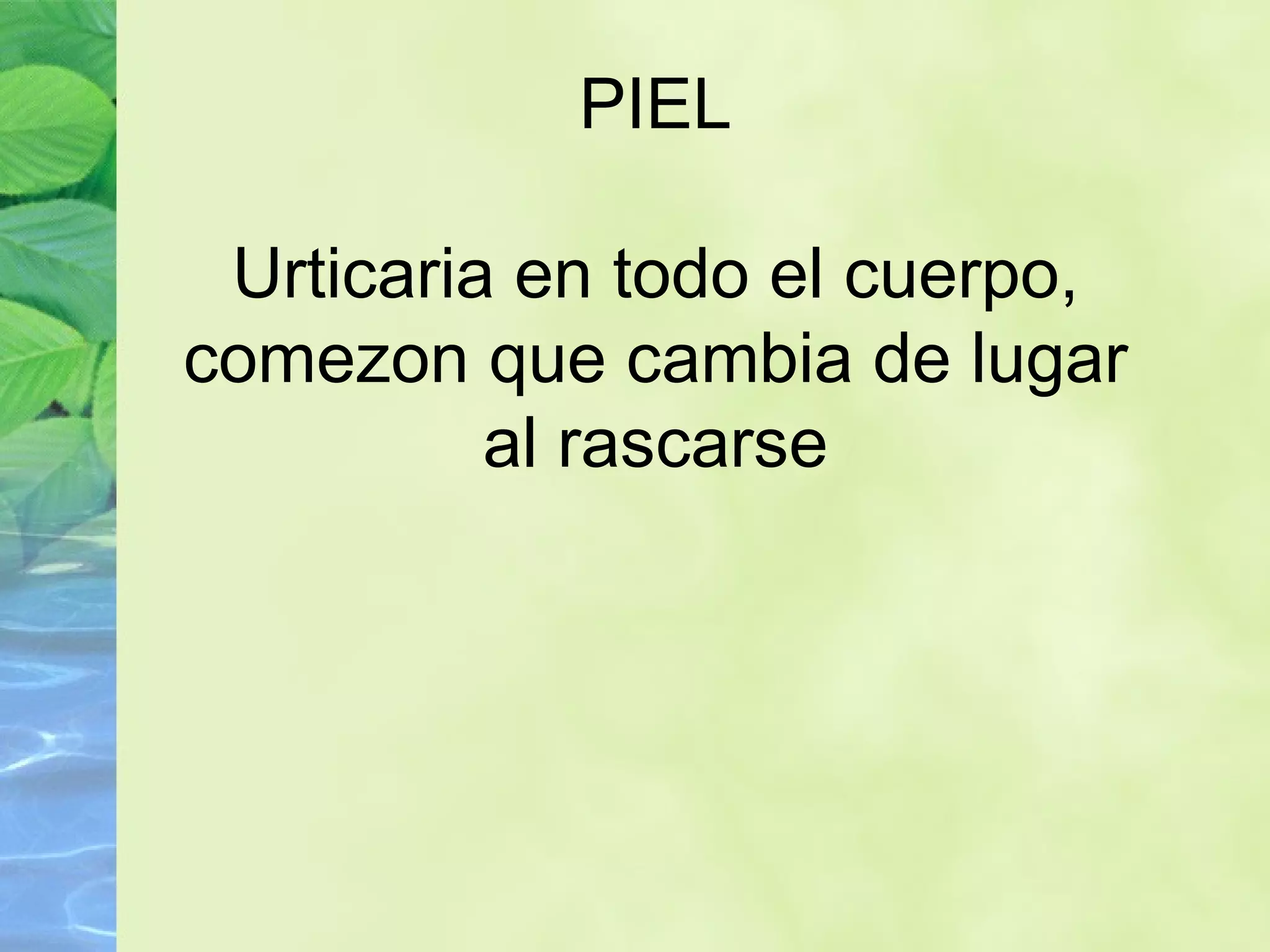 PIEL Urticaria en todo el cuerpo, comezon que cambia de lugar al rascarse 