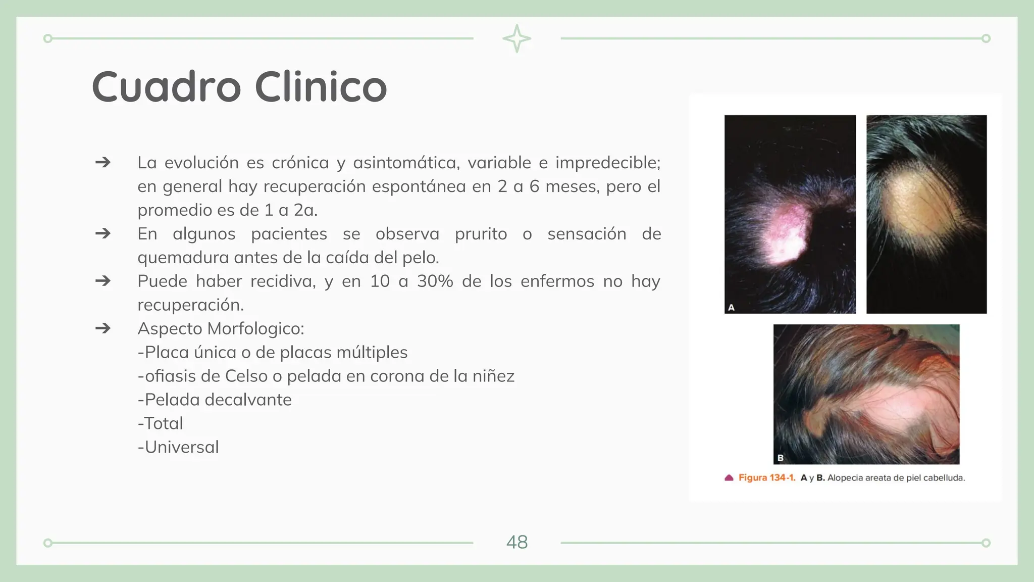 48
Cuadro Clinico
➔ La evolución es crónica y asintomática, variable e impredecible;
en general hay recuperación espontánea en 2 a 6 meses, pero el
promedio es de 1 a 2a.
➔ En algunos pacientes se observa prurito o sensación de
quemadura antes de la caída del pelo.
➔ Puede haber recidiva, y en 10 a 30% de los enfermos no hay
recuperación.
➔ Aspecto Morfologico:
-Placa única o de placas múltiples
-oﬁasis de Celso o pelada en corona de la niñez
-Pelada decalvante
-Total
-Universal
 