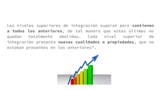 Los niveles superiores de integración superan pero contienen
a todos los anteriores, de tal manera que estos últimos no
quedan totalmente abolidos. Cada nivel superior de
integración presenta nuevas cualidades o propiedades, que no
estaban presentes en los anteriores".
 