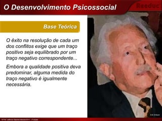 © Prof. Jefferson Baptista Macedo/2014 – 3ª edição
O êxito na resolução de cada um
dos conflitos exige que um traço
positivo seja equilibrado por um
traço negativo correspondente...
Embora a qualidade positiva deva
predominar, alguma medida do
traço negativo é igualmente
necessária.
Base Teórica
© Prof. Jefferson Baptista Macedo/2014 – 3ª edição
O Desenvolvimento Psicossocial
Erik Erikson
 