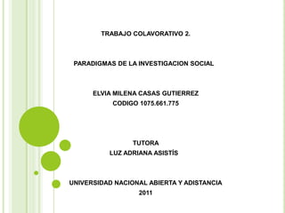 TRABAJO COLAVORATIVO 2.

PARADIGMAS DE LA INVESTIGACION SOCIAL

ELVIA MILENA CASAS GUTIERREZ

CODIGO 1075.661.775

TUTORA

LUZ ADRIANA ASISTÍS

UNIVERSIDAD NACIONAL ABIERTA Y ADISTANCIA
2011

 