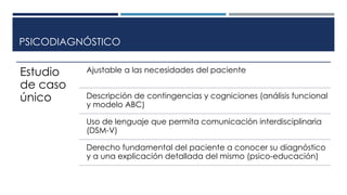 PSICODIAGNÓSTICO 
Estudio 
de caso 
único 
Ajustable a las necesidades del paciente 
Descripción de contingencias y cogniciones (análisis funcional 
y modelo ABC) 
Uso de lenguaje que permita comunicación interdisciplinaria 
(DSM-V) 
Derecho fundamental del paciente a conocer su diagnóstico 
y a una explicación detallada del mismo (psico-educación) 
 