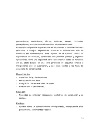 pensamientos,     sentimientos,     afectos,   actitudes,   valores,   conductas,
percepciones y autorepresentaciones todos ellos contradictorios.
El segundo componente importante de esta función es la habilidad de Inter-
relacionar e integrar experiencias psíquicas o conductuales que no
necesitan ser contradictorias. Este aspecto de la función, facilita las
experiencias de conexión, continuidad que permiten planear y organizar
operaciones, como una capacidad para supra-ordenar todas las funciones
del yo. (Esto basado en una serie jerárquica de pequeñas síntesis e
integraciones que se superponen, y que están sujetas a las fases del
desarrollo del pensamiento).


Requerimientos:
-   Capacidad del yo de observarse
-   Percepción inconsciente
-   Integración con las relaciones de objeto
-   Relación con la personalidad.


Fallas por:
-   Necesidad de sintetizar necesidades conflictivas de satisfacción y de
    castigo.


Patología:
-   Aparece como un comportamiento desorganizado, incongruencia entre
    pensamiento, sentimientos y acción.



                                                                              215
 