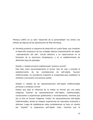 Michaca (1987) en su obra “desarrollo de la personalidad” nos ofrece una
síntesis de algunas de las aportaciones de Otto Kernberg.


a) Kernberg propone un esquema de desarrollo en cuatro fases, que muestran
   el desarrollo progresivo de sus unidades básicas (representación de objeto
   –representación del self– vínculo afectivo) y su repercusiones en la
   formación de la estructura intrapsíquica, y en el establecimiento de
   diferentes tipos de patología.


   Estadio 1. Estadio primario indiferenciado “autismo normal”.
   Esta fase cubre aproximadamente el primer mes de vida y precede al
   establecimiento    de     las     constelaciones      de    self-objeto    ‘buenas’
   indiferenciadas. Su prevalencia impediría la incapacidad para establecer la
   simbiosis y provocaría una psicosis autista.


   Estadio 2. Estadio de las representaciones self-objeto indiferenciadas
   primarias o simbiosis normal.
   Explica que bajo la influencia de la madre se forman por una parte
   imágenes    “buenas”     de     representaciones     self-objeto,   indiferenciadas,
   consecuentes a experiencias gratificantes o recompensantes, mientras que
   por la otra se forman imágenes “malas” de representaciones self-objeto
   indiferenciados, donde se integran experiencias de naturaleza frustrante y
   dolorosa. Luego de establecerse estas constelaciones se hace un intento
   por   “expeler”   la    experiencia    self-objeto     mala,   mientras    que    la


                                                                                    85
 