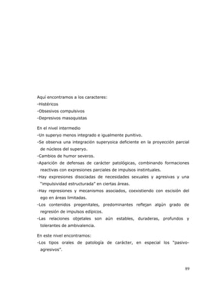 Aquí encontramos a los caracteres:
-Histéricos
-Obsesivos compulsivos
-Depresivos masoquistas

En el nivel intermedio
-Un superyo menos integrado e igualmente punitivo.
-Se observa una integración superyoica deficiente en la proyección parcial
 de núcleos del superyo.
-Cambios de humor severos.
-Aparición de defensas de carácter patológicas, combinando formaciones
 reactivas con expresiones parciales de impulsos instintuales.
-Hay expresiones disociadas de necesidades sexuales y agresivas y una
 “impulsividad estructurada” en ciertas áreas.
-Hay represiones y mecanismos asociados, coexistiendo con escisión del
 ego en áreas limitadas.
-Los contenidos pregenitales, predominantes reflejan algún grado de
 regresión de impulsos edípicos.
-Las relaciones objetales son aún estables, duraderas, profundos y
 tolerantes de ambivalencia.

En este nivel encontramos:
-Los tipos orales de patología de carácter, en especial los “pasivo-
 agresivos”.



                                                                        89
 