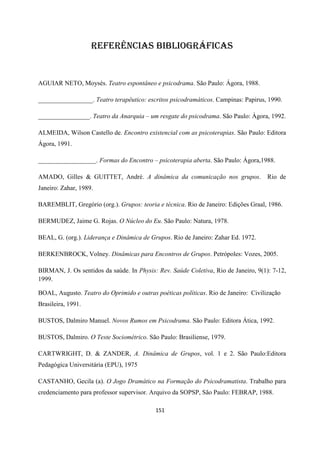 151
REFERÊNCIAS BIBLIOGRÁFICAS
AGUIAR NETO, Moysés. Teatro espontâneo e psicodrama. São Paulo: Ágora, 1988.
_________________. Teatro terapêutico: escritos psicodramáticos. Campinas: Papirus, 1990.
________________. Teatro da Anarquia – um resgate do psicodrama. São Paulo: Àgora, 1992.
ALMEIDA, Wilson Castello de. Encontro existencial com as psicoterapias. São Paulo: Editora
Ágora, 1991.
__________________. Formas do Encontro – psicoterapia aberta. São Paulo: Ágora,1988.
AMADO, Gilles & GUITTET, André. A dinâmica da comunicação nos grupos. Rio de
Janeiro: Zahar, 1989.
BAREMBLIT, Gregório (org.). Grupos: teoria e técnica. Rio de Janeiro: Edições Graal, 1986.
BERMUDEZ, Jaime G. Rojas. O Núcleo do Eu. São Paulo: Natura, 1978.
BEAL, G. (org.). Liderança e Dinâmica de Grupos. Rio de Janeiro: Zahar Ed. 1972.
BERKENBROCK, Volney. Dinâmicas para Encontros de Grupos. Petrópoles: Vozes, 2005.
BIRMAN, J. Os sentidos da saúde. In Physis: Rev. Saúde Coletiva, Rio de Janeiro, 9(1): 7-12,
1999.
BOAL, Augusto. Teatro do Oprimido e outras poéticas políticas. Rio de Janeiro: Civilização
Brasileira, 1991.
BUSTOS, Dalmiro Manuel. Novos Rumos em Psicodrama. São Paulo: Editora Ática, 1992.
BUSTOS, Dalmiro. O Teste Sociométrico. São Paulo: Brasiliense, 1979.
CARTWRIGHT, D. & ZANDER, A. Dinâmica de Grupos, vol. 1 e 2. São Paulo:Editora
Pedagógica Universitária (EPU), 1975
CASTANHO, Gecila (a). O Jogo Dramático na Formação do Psicodramatista. Trabalho para
credenciamento para professor supervisor. Arquivo da SOPSP, São Paulo: FEBRAP, 1988.
 