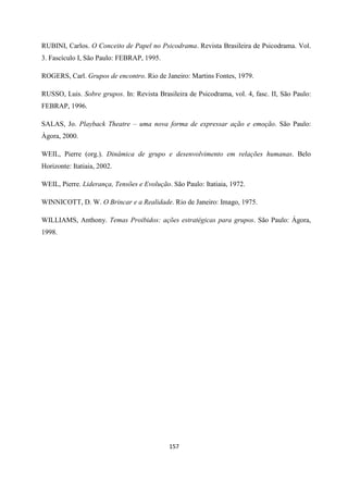 157
RUBINI, Carlos. O Conceito de Papel no Psicodrama. Revista Brasileira de Psicodrama. Vol.
3. Fascículo I, São Paulo: FEBRAP, 1995.
ROGERS, Carl. Grupos de encontro. Rio de Janeiro: Martins Fontes, 1979.
RUSSO, Luis. Sobre grupos. In: Revista Brasileira de Psicodrama, vol. 4, fasc. II, São Paulo:
FEBRAP, 1996.
SALAS, Jo. Playback Theatre – uma nova forma de expressar ação e emoção. São Paulo:
Àgora, 2000.
WEIL, Pierre (org.). Dinâmica de grupo e desenvolvimento em relações humanas. Belo
Horizonte: Itatiaia, 2002.
WEIL, Pierre. Liderança, Tensões e Evolução. São Paulo: Itatiaia, 1972.
WINNICOTT, D. W. O Brincar e a Realidade. Rio de Janeiro: Imago, 1975.
WILLIAMS, Anthony. Temas Proibidos: ações estratégicas para grupos. São Paulo: Ágora,
1998.
 