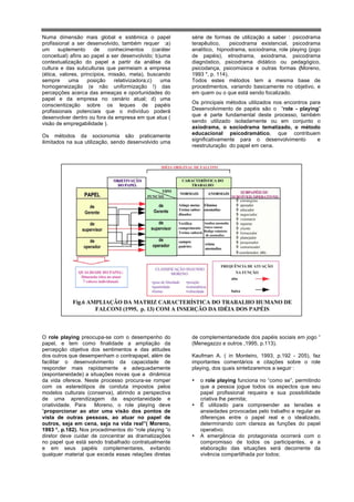 Numa dimensão mais global e sistêmica o papel               série de formas de utilização a saber : psicodrama
profissional a ser desenvolvido, também requer :a)          terapêutico,     psicodrama existencial, psicodrama
um     suplemento      de    conhecimentos       (caráter   analítico, hipnodrama, sociodrama, role playing (jogo
conceitual) afins ao papel a ser desenvolvido; b)uma        de papéis), etnodrama, axiodrama, psicodrama
contextualização do papel a partir da análise da            diagnóstico, psicodrama didático ou pedagógico,
cultura e das subculturas que permeiam a empresa            psicodança, psicomúsica e outras formas (Moreno,
(ética, valores, princípios, missão, meta), buscando        1993 *, p. 114),
sempre      uma     posição    relativizadora;c)    uma     Todos estes métodos tem a mesma base de
homogeneização (e não uniformização !) das                  procedimentos, variando basicamente no objetivo, e
percepções acerca das ameaças e oportunidades do            em quem ou o que está sendo focalizado.
papel e da empresa no cenário atual; d) uma
                                                            Os principais métodos utilizados nos encontros para
conscientização sobre os leques de papéis
profissionais potenciais que o indivíduo poderá             Desenvolvimento de papéis são o “role - playing”
desenvolver dentro ou fora da empresa em que atua (         que é parte fundamental deste processo, também
visão de empregabilidade ).                                 sendo utilizado isoladamente ou em conjunto o
                                                            axiodrama, o sociodrama tematizado, o método
Os métodos da socionomia são praticamente                   educacional psicodramático, que contribuem
ilimitados na sua utilização, sendo desenvolvido uma        significativamente para o desenvolvimento         e
                                                            reestruturação do papel em cena.




O role playing preocupa-se com o desempenho do              de complementariedade dos papéis sociais em jogo “
papel, e tem como finalidade a ampliação da                 (Menegazzo e outros ,1995, p.113).
percepção objetiva dos sentimentos e das atitudes
dos outros que desempenham o contrapapel, além de           Kaufman A. ( in Monteiro, 1993, p.192 - 205), faz
facilitar o desenvolvimento da capacidade de                importantes comentários e citações sobre o role
responder mais rapidamente e adequadamente                  playing, dos quais sintetizaremos a seguir :
(espontaneidade) a situações novas que a dinâmica
da vida oferece. Neste processo procura-se romper           •   o role playing funciona no “como se”, permitindo
com os estereótipos de conduta impostos pelos                   que a pessoa jogue todos os aspectos que seu
modelos culturais (conserva), abrindo a perspectiva             papel profissional requeira e sua possibilidade
de uma aprendizagem da espontaneidade e                         criativa lhe permita;
criatividade. Para   Moreno, o role playing deve            •   É utilizado para compreender as tensões e
“proporcionar ao ator uma visão dos pontos de                   ansiedades provocadas pelo trabalho e regular as
vista de outras pessoas, ao atuar no papel de                   diferenças entre o papel real e o idealizado,
outros, seja em cena, seja na vida real”( Moreno,               determinando com clareza as funções do papel
1993 *, p.182). Nos procedimentos do “role playing “o           operativo;
diretor deve cuidar de concentrar as dramatizações          •   A emergência do protagonista ocorrerá com o
no papel que está sendo trabalhado contratualmente              compromisso de todos os participantes, e a
e em seus papéis complementares, evitando                       elaboração das situações será decorrente da
qualquer material que exceda essas relações diretas             vivência compartilhada por todos;
 