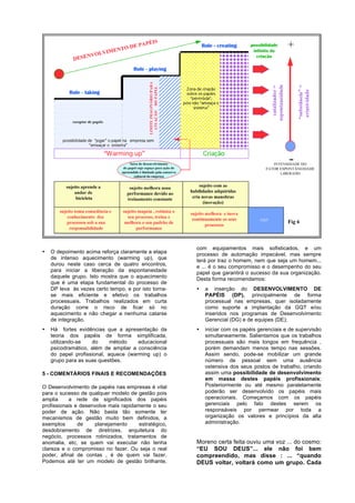 com equipamentos mais sofisticados, e um
•   O depoimento acima reforça claramente a etapa     processo de automação impecável, mas sempre
    de intenso aquecimento (warming up), que          terá por traz o homem, nem que seja um homem...
    durou neste caso cerca de quatro encontros,       e ... é o seu compromisso e o desempenho do seu
    para iniciar a liberação da espontaneidade        papel que garantirá o sucesso da sua organização.
    daquele grupo. Isto mostra que o aquecimento      Desta forma recomendamos:
    que é uma etapa fundamental do processo de
    DP leva às vezes certo tempo, e por isto torna-   •   a inserção do DESENVOLVIMENTO DE
    se mais eficiente e efetivo os trabalhos              PAPÉIS (DP), principalmente de forma
    processuais. Trabalhos realizados em curta            processual nas empresas, quer isoladamente
    duração corre o risco de ficar só no                  como suporte a implantação da GQT e/ou
    aquecimento e não chegar a nenhuma catarse            inseridos nos programas de Desenvolvimento
    de integração.                                        Gerencial (DG) e de equipes (DE);
•   Há fortes evidências que a apresentação da        •   iniciar com os papéis gerenciais e de supervisão
    teoria dos papéis de forma simplificada,              simultaneamente. Salientamos que os trabalhos
    utilizando-se   do      método    educacional         processuais são mais longos em frequência ,
    psicodramático, além de ampliar a consciência         porém demandam menos tempo nas sessões.
    do papel profissional, aquece (warming up) o          Assim sendo, pode-se mobilizar um grande
    grupo para as suas questões.                          número de pessoal sem uma ausência
                                                          ostensiva dos seus postos de trabalho, criando
5 - COMENTÁRIOS FINAIS E RECOMENDAÇÕES                    assim uma possibilidade de desenvolvimento
                                                          em massa destes papéis profissionais;
O Desenvolvimento de papéis nas empresas é vital          Posteriormente ou até mesmo paralelamente
para o sucesso de qualquer modelo de gestão pois          poderão ser desenvolvido os papéis mais
amplia     a rede de significados dos papéis              operacionais. Começamos com os papéis
profissionais e desenvolve mais rapidamente o seu         gerenciais pelo fato destes serem os
poder de ação. Não basta tão somente ter                  responsáveis por permear por toda a
mecanismos de gestão muito bem definidos, a               organização os valores e princípios da alta
exemplos       de    planejamento      estratégico,       administração.
desdobramento de diretrizes, arquitetura do
negócio, processos rotinizados, tratamentos de
anomalia, etc, se quem vai executar não tenha         Moreno certa feita ouviu uma voz ... do cosmo:
clareza e o compromisso no fazer. Ou seja o real      “EU SOU DEUS”... ele não foi bem
poder, afinal de contas , é de quem vai fazer.        compreendido, mas disse : ... “quando
Podemos até ter um modelo de gestão brilhante,        DEUS voltar, voltará como um grupo. Cada
 
