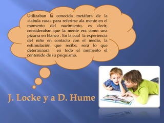 Utilizaban la conocida metáfora de la
«tabula rasa» para referirse ala mente en el
momento del nacimiento, es decir,
consideraban que la mente era como una
pizarra en blanco . En la cual la experiencia
del niño en contacto con el medio, la
estimulación que recibe, será lo que
determinara en todo el momento el
contenido de su psiquismo.
 
