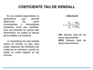COEFICIENTE TAU DE KENDALL
Es una medida dependiente no
paramétrica que permite
determinar los pares
concordantes y discordantes
existentes entre dos variables.
Una vez teniendo en cuenta esta
información, se realiza el cálculo
de los totales y el cociente.
La importancia de esta medida
radica en brindar un plan para
poder organizar las entidades por
medio de un consenso cuando no
existe un orden objetivo en las
mismas.
CÁLCULO
CN: Número total de los
pares discordantes.
NCN: Número total de
pared discordantes.
 