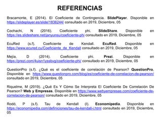 REFERENCIAS
Bracamonte, E (2014). El Coeficiente de Contingencia. SlidePlayer. Disponible en
https://slideplayer.es/slide/1836244/ consultado en 2019, Diciembre, 05
Cochachi, N (2016). Coeficiente phi. SlideShare. Disponible en
https://es.slideshare.net/janyunsu/coeficiente-phi consultado en 2019, Diciembre, 05
EcuRed (s.f). Coeficiente de Kendall. EcuRed. Disponible en
https://www.ecured.cu/Coeficiente_de_Kendall consultado en 2019, Diciembre, 05
Mejía, D (2014). Coeficiente phi. Prezi. Disponible en
https://prezi.com/4uisn1yssbvg/coeficiente-phi/ consultado en 2019, Diciembre, 05
QuestionPro (s.f). ¿Qué es el coeficiente de correlación de Pearson? QuestionPro.
Disponible en https://www.questionpro.com/blog/es/coeficiente-de-correlacion-de-pearson/
consultado en 2019, Diciembre, 05
Riquelme, M (2019). ¿Qué Es Y Cómo Se Interpreta El Coeficiente De Correlación De
Pearson? Web y Empresas. Disponible en https://www.webyempresas.com/coeficiente-de-
correlacion-de-pearson/ consultado en 2019, Diciembre, 05
Rodó, P (s.f). Tau de Kendall (I). Economipedia. Disponible en
https://economipedia.com/definiciones/tau-de-kendall-i.html consultado en 2019, Diciembre,
05
 