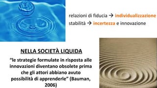 relazioni di fiducia  individualizzazione
stabilità  incertezza e innovazione
“le strategie formulate in risposta alle
innovazioni diventano obsolete prima
che gli attori abbiano avuto
possibilità di apprenderle” (Bauman,
2006)
NELLA SOCIETÀ LIQUIDA
 