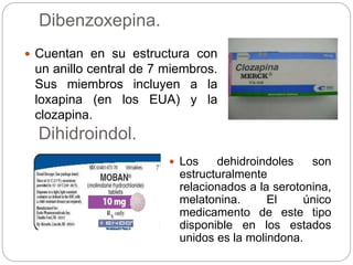 Dibenzoxepina.
 Cuentan en su estructura con
un anillo central de 7 miembros.
Sus miembros incluyen a la
loxapina (en los EUA) y la
clozapina.
Dihidroindol.
 Los dehidroindoles son
estructuralmente
relacionados a la serotonina,
melatonina. El único
medicamento de este tipo
disponible en los estados
unidos es la molindona.
 