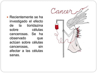  Recientemente se ha
investigado el efecto
de la tioridazina
sobre células
cancerosas. Se ha
observado que
actúan sobre células
cancerosas, sin
afectar a las células
sanas.
 