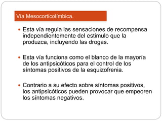  Esta vía regula las sensaciones de recompensa
independientemente del estimulo que la
produzca, incluyendo las drogas.
 Esta vía funciona como el blanco de la mayoría
de los antipsicóticos para el control de los
síntomas positivos de la esquizofrenia.
 Contrario a su efecto sobre síntomas positivos,
los antipsicóticos pueden provocar que empeoren
los síntomas negativos.
Vía Mesocorticolímbica.
 