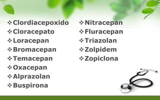 Clordiacepoxido
Cloracepato
Loracepan
Bromacepan
Temacepan
Oxacepan
Alprazolan
Buspirona
Nitracepan
Fluracepan
Triazolan
Zolpidem
Zopiclona
 
