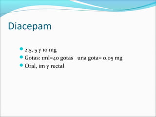 2.5, 5 y 10 mg
Gotas: 1ml=40 gotas una gota= 0.05 mg
Oral, im y rectal
Diacepam
 