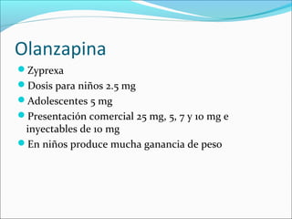 Olanzapina
Zyprexa
Dosis para niños 2.5 mg
Adolescentes 5 mg
Presentación comercial 25 mg, 5, 7 y 10 mg e
inyectables ...
