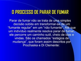 O PROCESSO DE PARAR DE FUMAR Parar de fumar não se trata de uma simples decisão súbita em transformar-se de um “fumante regular” em um “não fumante”. Até que um indivíduo realmente resolva parar de fumar, ele percorre um caminho sutil, cheio de idas e vindas. São os chamados “estágios de mudança”, que foram assim descritos por Prochaska e Di Clemente:  