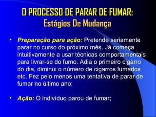 O PROCESSO DE PARAR DE FUMAR:  Estágios De Mudança Preparação para ação:   Pretende seriamente parar no curso do próximo mês. Já começa intuitivamente a usar técnicas comportamentais para livrar-se do fumo. Adia o primeiro cigarro do dia, diminui o número de cigarros fumados etc. Fez pelo menos uma tentativa de parar de fumar no último ano; Ação:   O indivíduo parou de fumar; 