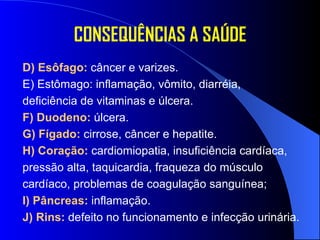 D) Esôfago:  câncer e varizes.  E) Estômago: inflamação, vômito, diarréia,  deficiência de vitaminas e úlcera. F) Duodeno:  úlcera.  G) Fígado:  cirrose, câncer e hepatite.  H) Coração:  cardiomiopatia, insuficiência cardíaca,  pressão alta, taquicardia, fraqueza do músculo  cardíaco, problemas de coagulação sanguínea; I) Pâncreas:  inflamação. J) Rins:  defeito no funcionamento e infecção urinária. CONSEQUÊNCIAS A SAÚDE 