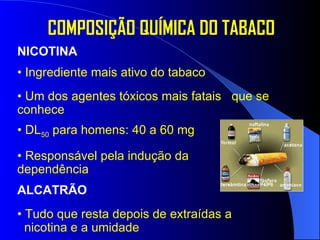 NICOTINA •  Ingrediente mais ativo do tabaco •   Um dos agentes tóxicos mais fatais  que se conhece •   DL 50  para homens: 40 a 60 mg •  Responsável pela indução da  dependência ALCATRÃO •  Tudo que resta depois de extraídas a nicotina e a umidade COMPOSIÇÃO QUÍMICA DO TABACO 