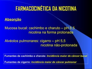 FARMACOCINÉTICA DA NICOTINA Absorção Mucosa bucal: cachimbo e charuto – pH 8,5 nicotina na forma protonada Alvéolos pulmonares: cigarro – pH 5,5 nicotina não-protonada Fumantes de cachimbo e charuto:  Incidência maior de câncer bucal Fumantes de cigarro:  Incidência maior de câncer pulmonar 