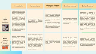 Farmacocinética Farmacodinamia
Indicaciones, dosis vías
de administración
Reacciones adversas Contraindicaciones
Trilafon
8 mg
comprimidos
Al igual que otras fenotiazinas, la
perfenazina es también altamente
lipofílica, su unión a membrana y
a proteínas es elevada (unión
absoluta plasma-proteína: 90%).
De manera similar a la
clorpromazina, la perfenazina
tiene un metabolismo de primer
paso distintivo. Sólo una pequeña
parte de perfenazina se excreta
inalterada a través de los riñones
(2%). Los metabolitos principales
de la perfenazina detectados en
la orina son glucurónidos y
sulfóxidos. La biodisponibilidad
oral es aproximadamente del 40%
y es fluctuante (15-99%).
Tiene el efecto de un antagonista de
la dopamina bloqueando
postsinápticamente los receptores
centrales de la dopamina.
Tratamiento de síndromes psicóticos
agudos. Tratamiento de síndromes
catatónicos. Tratamiento del delirio y
otros síndromes psicóticos exógenos.
Tratamiento de la agitación
psicomotriz.
En general, se recomienda una dosis
inicial de 1-3 comprimidos al día (8-24
mg/día) en pacientes no
hospitalizados, ajustándose la dosis en
función de la respuesta alcanzada.
Somnolencia, sedación, sequedad de
boca, visión borrosa, retención
urinaria, estreñimiento,
pseudoparkinsonismo, distonía,
fotosensibilidad.
Hipersensibilidad a la perfenazina o a
otros fármacos del grupo de las
fenotiazinas. - Hipersensibilidad a
alguno de los excipientes incluidos en la
sección 6.1. - Los pacientes con
intolerancia hereditaria a galactosa,
insuficiencia total de lactasa o
malabsorción de glucosa o galactosa
no deben tomar Decentán. -
Intoxicación aguda con depresores del
sistema nervioso central (por ej.
opiáceos, agentes hipnóticos,
antidepresivos, agentes antiepilépticos,
agentes neurolépticos, tranquilizantes)
o alcohol.
Mellaril
30 mg/ml
gotas orales en
solución
10 mg gragea
Absorción. Tioridazina se absorbe
rápidamente en el tracto
gastrointestinal.
Distribución La unión a proteínas
plasmáticas es elevada (más del
95%) con un volumen de
distribución relativo de 10 l/kg,
Metabolismo Tioridazina se oxida
mayoritariamente en hígado a
través del sistema citocromo P450
El perfil farmacológico básico de
tioridazina es similar al de otras
fenotiazinas pero tiene algunas
diferencias significativas en el
espectro clínico en comparación con
otras sustancias del grupo. Los
aspectos más destacables de Meleril
son: la baja tendencia a provocar
reacciones adversas extrapiramidales
(EPS), sus efectos sedantes y
ansiolíticos relativamente fuertes, la
moderada hipotensión y su baja
actividad antiemética,
La dosis recomendada es de 100-600
mg/día en pacientes hospitalizados;
50-300 mg/día en pacientes
ambulatorios.
Sequedad de boca, náuseas,
vómitos, íleo paralítico, congestión
nasal, retención urinaria, visión
borrosa, rabdomiolisis, sedación,
confusión, agitación, somnolencia,
desorientación, reacciones adversas
extrapiramidales, hipercinesia,
hipertermia, convulsiones, coma.
Hipersensibilidad a tioridazina
clorhidrato, tioridazina base, o a
cualquiera de los excipientes. Estado
comatoso o depresión severa del
sistema nervioso central, Antecedentes
de problemas hematológicos graves
(p.ej. depresión de la médula ósea),
 
