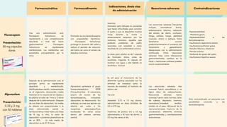 Farmacocinética Farmacodinamia
Indicaciones, dosis vías
de administración
Reacciones adversas Contraindicaciones
Fluracepam
Presentación:
30 mg cápsulas
duras
Tras una administración oral,
flurazepam hidrocloruro es
rápidamente y casi completamente
absorbido a nivel del tracto
gastrointestinal. Flurazepam
hidrocloruro es rápidamente
metabolizado. Los metabolitos son
excretados principalmente por la
orina.
Dormodor es una benzodiazepina
con propiedades hipnóticas.
Flurazepam hidrocloruro
prolonga la duración del sueño y
reduce el período de inducción
del mismo así como el número de
desvelos nocturnos
Insomnio:
Dormodor está indicado en pacientes
que tienen dificultades para conciliar
el sueño, o que se despiertan muchas
veces durante la noche o
excesivamente temprano por las
mañanas. Asimismo aquellos que
padecen problemas de sueño
asociados con ansiedad o como
resultado de una enfermedad crónica.
La dosis para adultos es de 1 cápsula
de Dormodor diaria, antes de
acostarse, tragando la cápsula sin
masticar con agua u otra bebida no
alcohólica. Vía oral.
Las reacciones adversas frecuentes
incluyen, somnolencia diurna,
embotamiento afectivo, reducción
del estado de alerta, confusión,
fatiga, cefalea, mareo, debilidad
muscular, ataxia o diplopía. Estos
fenómenos ocurren
predominantemente al comienzo del
tratamiento y generalmente
desaparecen con la administración
continuada. Otras reacciones
adversas tales como alteraciones
gastrointestinales, cambios en la
libido o reacciones cutáneas pueden
ocurrir ocasionalmente.
-Hipersensibilidad.
-Miastenia gravis.
-Hipersensibilidad a las
benzodiacepinas.
-Insuficiencia respiratoria severa.
-Insuficiencia pulmonar grave
-Estados fóbicos u obsesivos
-Psicósis crónica
-Síndrome de apnea del sueño.
-Insuficiencia hepática severa.
Alprazolam
Presentación:
0.25 y 2 mg
con 30 tabletas
Después de la administración oral, el
principio activo es rápidamente
absorbido y metabolizado,
distribuyéndose rápida y extensamente
en el organismo, alcanzando niveles
máximos en la mayoría de los tejidos y
en plasma al cabo de 1 hora ó 2 horas
después de la administración. Después
de una dosis de alprazolam, los niveles
en plasma son proporcionales a la
dosis administrada, siendo su
farmacocinética lineal hasta una dosis
de 10 mg. In vitro, la unión de
alprazolam a proteínas plasmáticas es
de un 80%. La vida media de
alprazolam es de 12-15 horas.
Alprazolam pertenece al grupo
farmacoterapéutico N05B
(Tranquilizantes). El mecanismo
exacto de acción de las
benzodiazepinas, incluyendo
alprazolam, es desconocido. Sin
embargo, se cree que ejercen sus
efectos por unión a los
receptores esteroespecíficos
localizados en varias zonas
dentro del sistema nervioso
central.
Es útil para el tratamiento de los
diferentes cuadros asociados con los
síntomas de ansiedad como la
neurosis de ansiedad, el trastorno de
pánico, etc.
Vía oral.
Ansiedad: 0.75 a 1.5 mg diarios,
administrados en dosis divididas de
0.5 a 0.75 mg.
Trastornos de pánico: 0.5 a 1.0 mg
administrados a la hora de dormir, o
0.5 mg tres veces al día.
Las reacciones adversas más
comunes fueron somnolencia y un
ligero dolor de cabeza/mareo.
Reacciones adversas menos
comunes fueron visión borrosa, dolor
de cabeza, depresión, insomnio,
nerviosismo/ansiedad, temblor,
cambio en el peso, disfunción de la
memoria/amnesia, trastorno de la
coordinación, diferentes síntomas
gastrointestinales y manifestaciones
autonó­
micas.
Está contraindicado en pacientes con
sensibilidad conocida a las
benzodiacepinas.
 