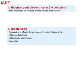 5. Hipotensión
- Responde a la infusión de soluciones con bicarbonato de sodio
- Utilizar cristaloides IV
- Utilización de vasopresores
- Dopamina
4. Bloqueo aurículoventricular 2 o completo
- Si no responde a las medidas previas, recurrir a marcapasos.
 