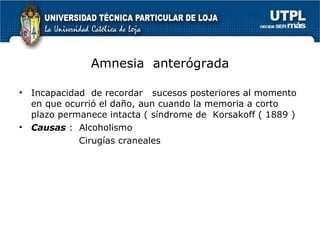 Amnesia  anterógrada Incapacidad  de recordar  sucesos posteriores al momento en que ocurrió el daño, aun cuando la memoria a corto plazo permanece intacta ( síndrome de  Korsakoff ( 1889 ) Causas  :  Alcoholismo Cirugías craneales 