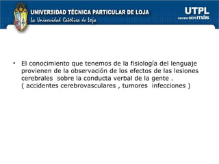 El conocimiento que tenemos de la fisiología del lenguaje provienen de la observación de los efectos de las lesiones cerebrales  sobre la conducta verbal de la gente . ( accidentes cerebrovasculares , tumores  infecciones )  