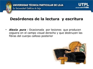 Desórdenes de la lectura  y escritura Alexia  pura  : Ocasionada  por lesiones  que producen  ceguera en el campo visual derecho y que destruyen las fibras del cuerpo calloso posterior 