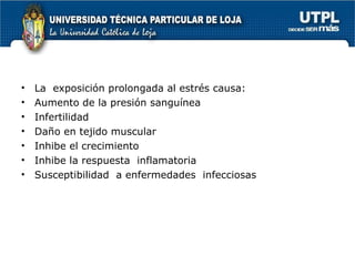 La  exposición prolongada al estrés causa: Aumento de la presión sanguínea Infertilidad Daño en tejido muscular Inhibe el crecimiento Inhibe la respuesta  inflamatoria Susceptibilidad  a enfermedades  infecciosas 