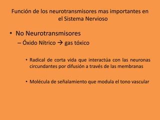 Función de los neurotransmisores mas importantes en
                  el Sistema Nervioso

• No Neurotransmisores
  – Óxido Nítrico  gas tóxico

     • Radical de corta vida que interactúa con las neuronas
       circundantes por difusión a través de las membranas

     • Molécula de señalamiento que modula el tono vascular
 