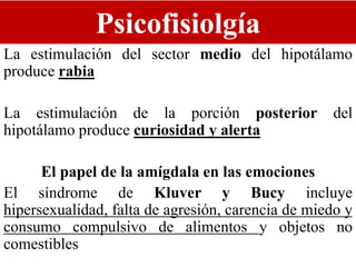 Psicofisiolgía
La estimulación del sector medio del hipotálamo
produce rabia
La estimulación de la porción posterior del
hipotálamo produce curiosidad y alerta
El papel de la amígdala en las emociones
El síndrome de Kluver y Bucy incluye
hipersexualidad, falta de agresión, carencia de miedo y
consumo compulsivo de alimentos y objetos no
comestibles
 