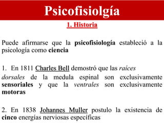 Psicofisiolgía
1. Historia
Puede afirmarse que la psicofisiología estableció a la
psicología como ciencia
1. En 1811 Charles Bell demostró que las raíces
dorsales de la medula espinal son exclusivamente
sensoriales y que la ventrales son exclusivamente
motoras
2. En 1838 Johannes Muller postulo la existencia de
cinco energías nerviosas específicas
 