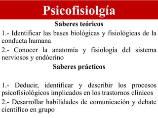 Psicofisiolgía
Saberes teóricos
1.- Identificar las bases biológicas y fisiológicas de la
conducta humana
2.- Conocer la anatomía y fisiología del sistema
nerviosos y endócrino
Saberes prácticos
1.- Deducir, identificar y describir los procesos
psicofisiológicos implicados en los trastornos clínicos
2.- Desarrollar habilidades de comunicación y debate
científico en grupo
 