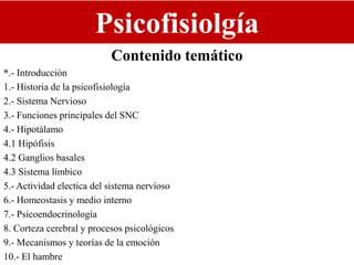 Psicofisiolgía
Contenido temático
*.- Introducción
1.- Historia de la psicofisiología
2.- Sistema Nervioso
3.- Funciones principales del SNC
4.- Hipotálamo
4.1 Hipófisis
4.2 Ganglios basales
4.3 Sistema límbico
5.- Actividad electica del sistema nervioso
6.- Homeostasis y medio interno
7.- Psicoendocrinología
8. Corteza cerebral y procesos psicológicos
9.- Mecanismos y teorías de la emoción
10.- El hambre
 