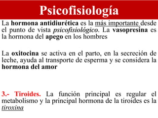 Psicofisiología
La hormona antidiurética es la más importante desde
el punto de vista psicofisiológico. La vasopresina es
la hormona del apego en los hombres
La oxitocina se activa en el parto, en la secreción de
leche, ayuda al transporte de esperma y se considera la
hormona del amor
3.- Tiroides. La función principal es regular el
metabolismo y la principal hormona de la tiroides es la
tiroxina
 