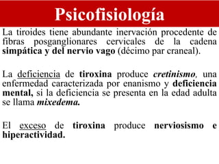 Psicofisiología
La tiroides tiene abundante inervación procedente de
fibras posganglionares cervicales de la cadena
simpática y del nervio vago (décimo par craneal).
La deficiencia de tiroxina produce cretinismo, una
enfermedad caracterizada por enanismo y deficiencia
mental, si la deficiencia se presenta en la edad adulta
se llama mixedema.
El exceso de tiroxina produce nerviosismo e
hiperactividad.
 
