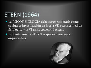 STERN (1964)
 La PSICOFISIOLOGÍA debe ser considerada como
cualquier investigación en la q la VD sea una medida
fisiológica y la VI un suceso conductual.
 La limitación de STERN es que es demasiado
esquemática.
 
